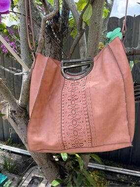 Boho Hobo Shoulder Bag Pink Faux Leather Crochet Lace Panel Oversized Tote Purse